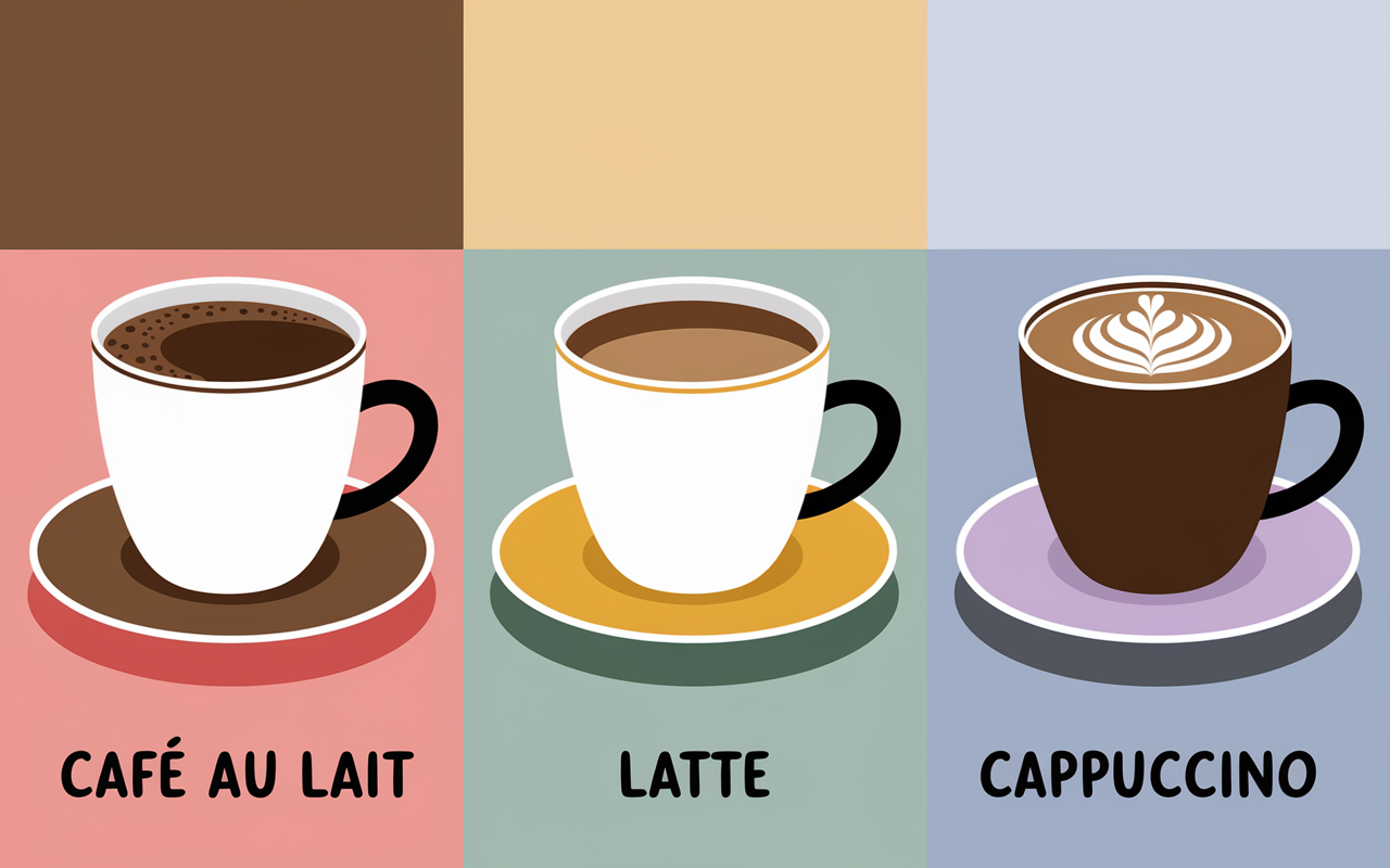 Cafe au latte, latte et cappuccino differences visuelles