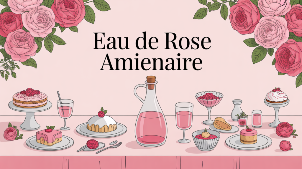 Eau de rose alimentaire sur table avec pâtisseries et boissons
