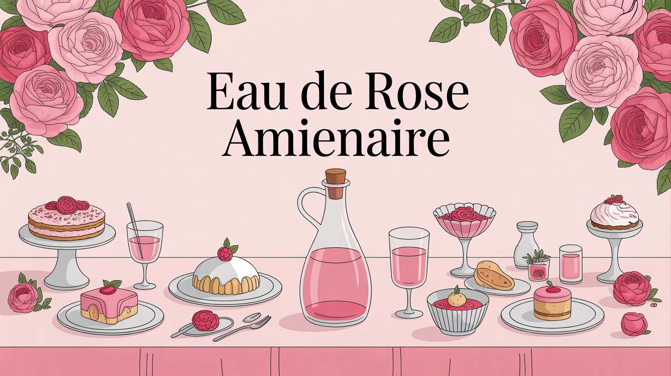 Eau de rose alimentaire sur table avec pâtisseries et boissons