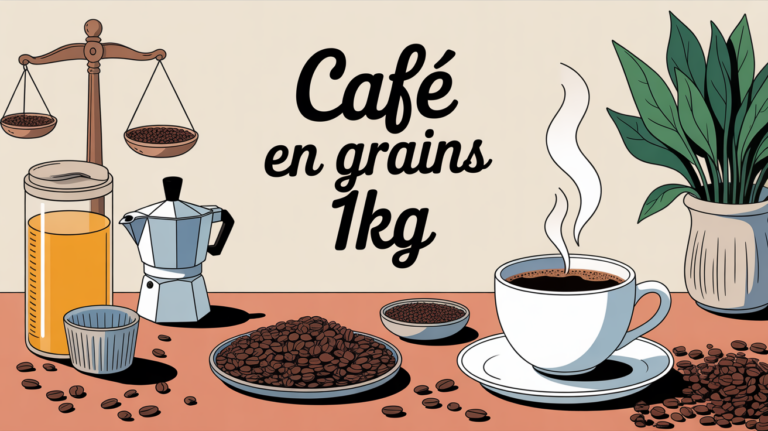 Scène lumineuse avec tasse de café, grains et balance illustrant le meilleur café en grain 1kg