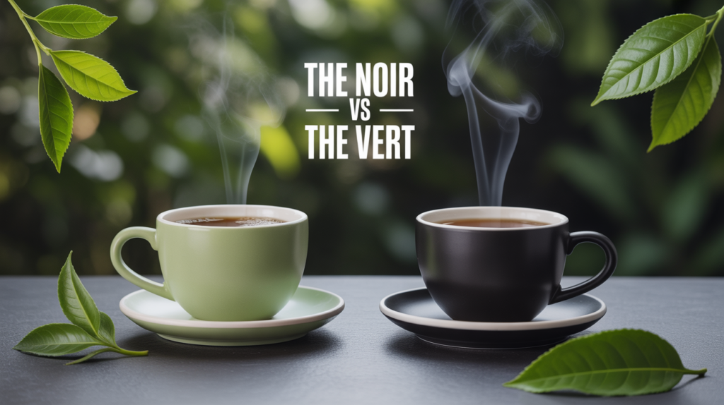 the noir ou vert deux tasses avec vapeur et feuilles