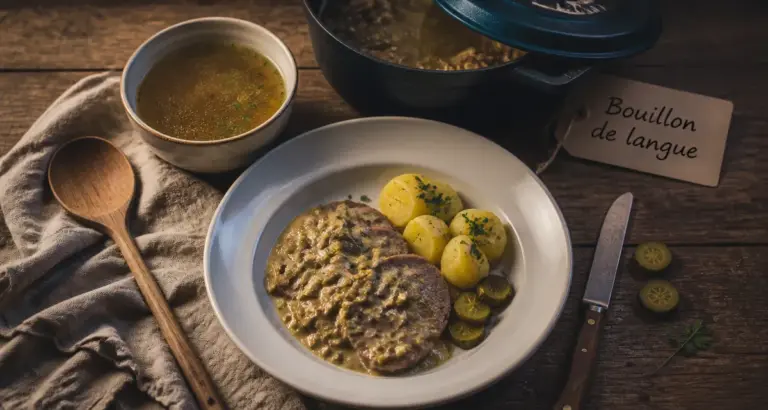 Bouillon de langue façon grand-mère, langue tranchée en sauce aux cornichons, pommes de terre vapeur