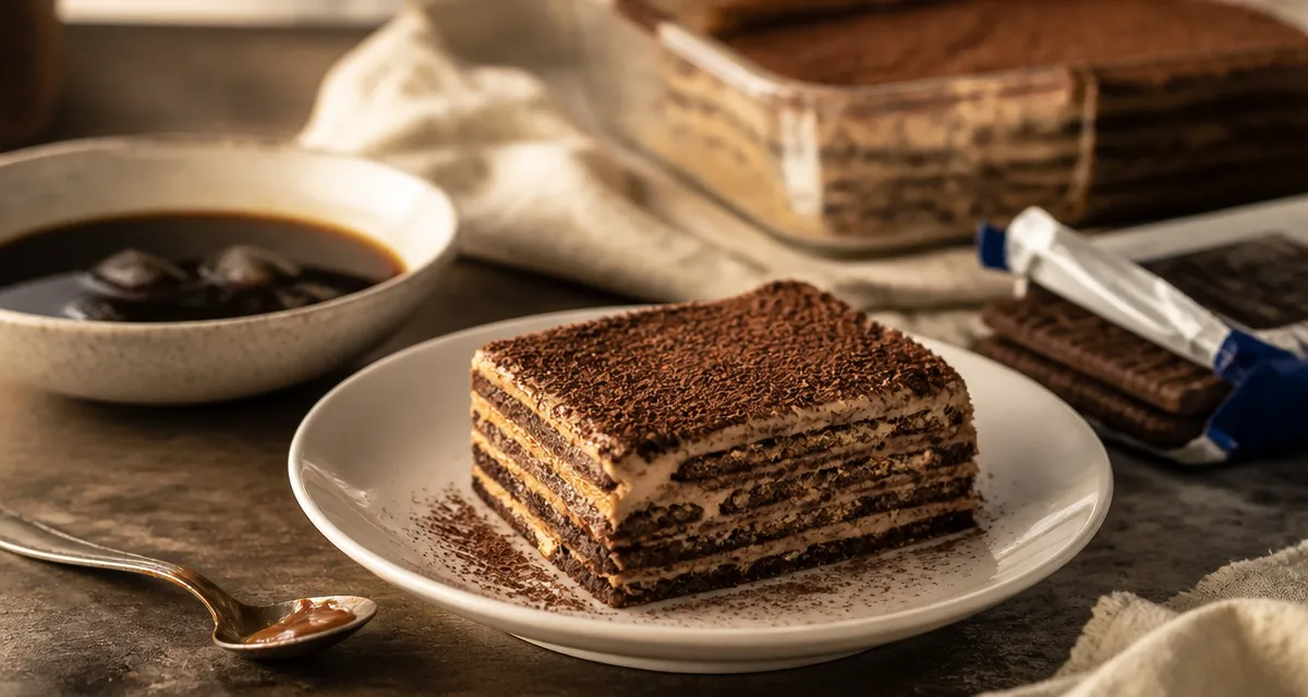 Photo de chocotorta argentine sans cuisson avec dulce de leche et cacao