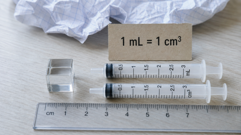1 mL = 1 cm3 (milliliter cm3) : règle et seringues