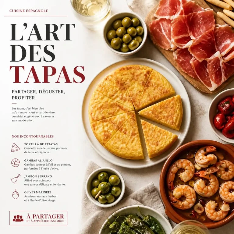 Assortiment de tapas espagnols variés sur une table conviviale pour un apéritif