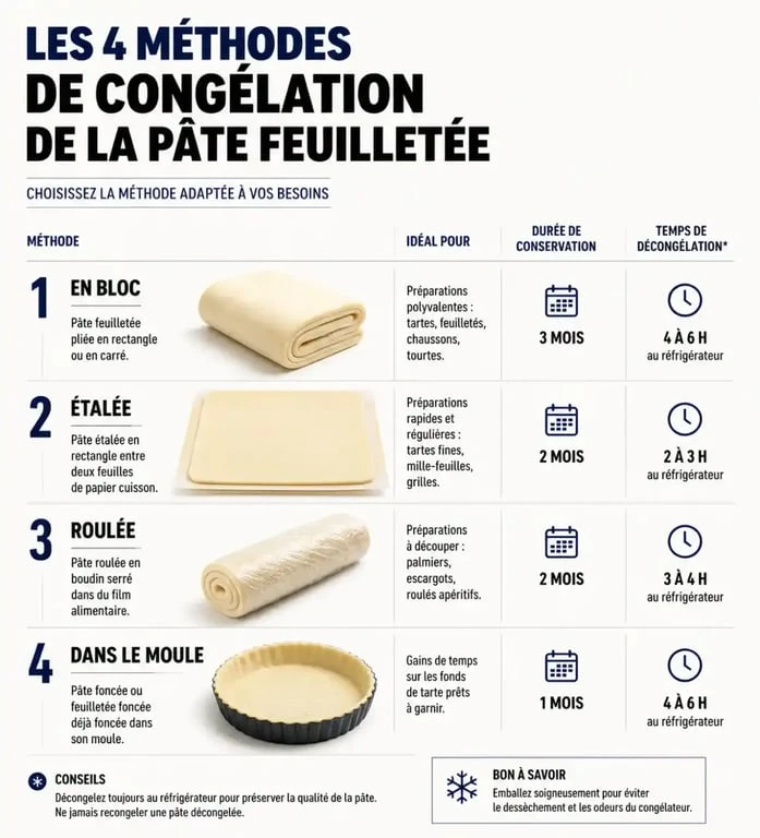 Infographie illustrant les trois méthodes pour congeler de la pâte feuilletée efficacement