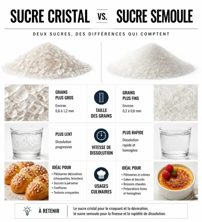 Infographie comparative entre le sucre cristal et le sucre semoule pour la pâtisserie