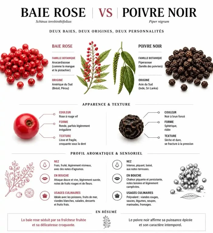 Infographie comparative entre la baie rose et le poivre noir pour comprendre leurs différences botaniques et culinaires.