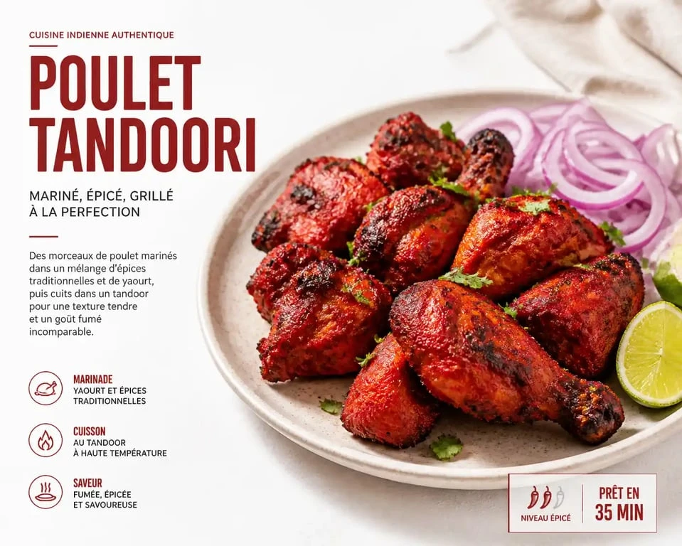 Poulet tandoori traditionnel servi dans une assiette avec des oignons et du citron vert