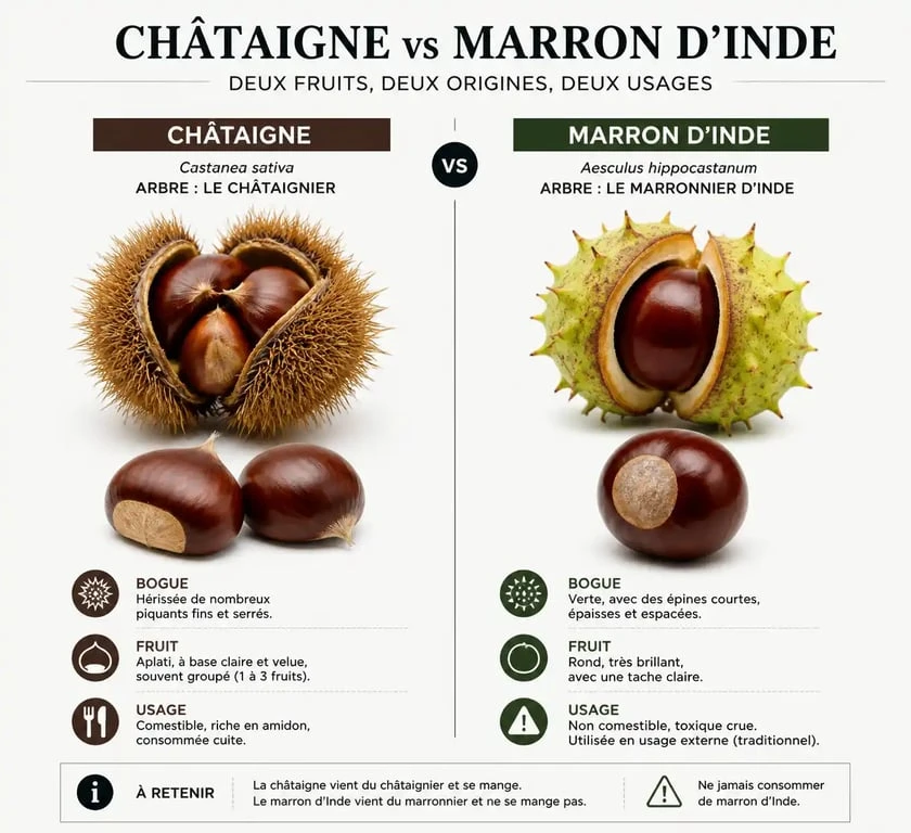 Infographie comparative pour différencier la châtaigne comestible du marron d'Inde toxique