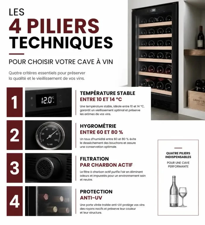 Infographie des critères techniques pour choisir sa cave à vin : température, humidité, filtration et protection UV.