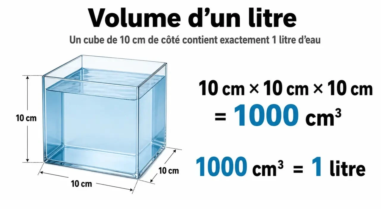 Schéma explicatif de la conversion de 1 litre en 1000 cm3 avec un cube de 10 cm de côté