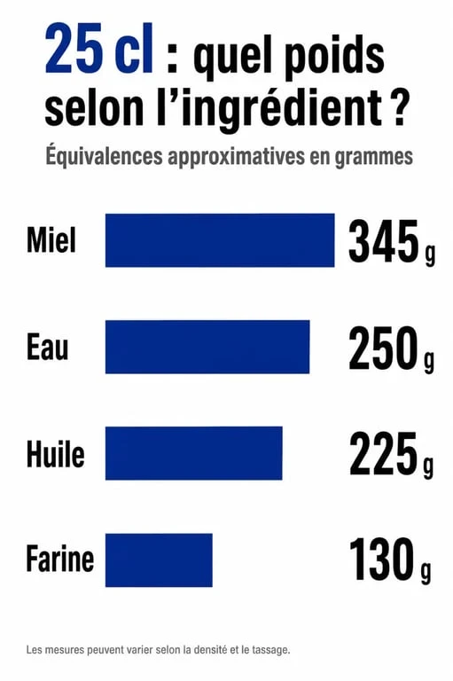 Infographie comparative : conversion de 25 centilitres en grammes pour différents ingrédients de cuisine