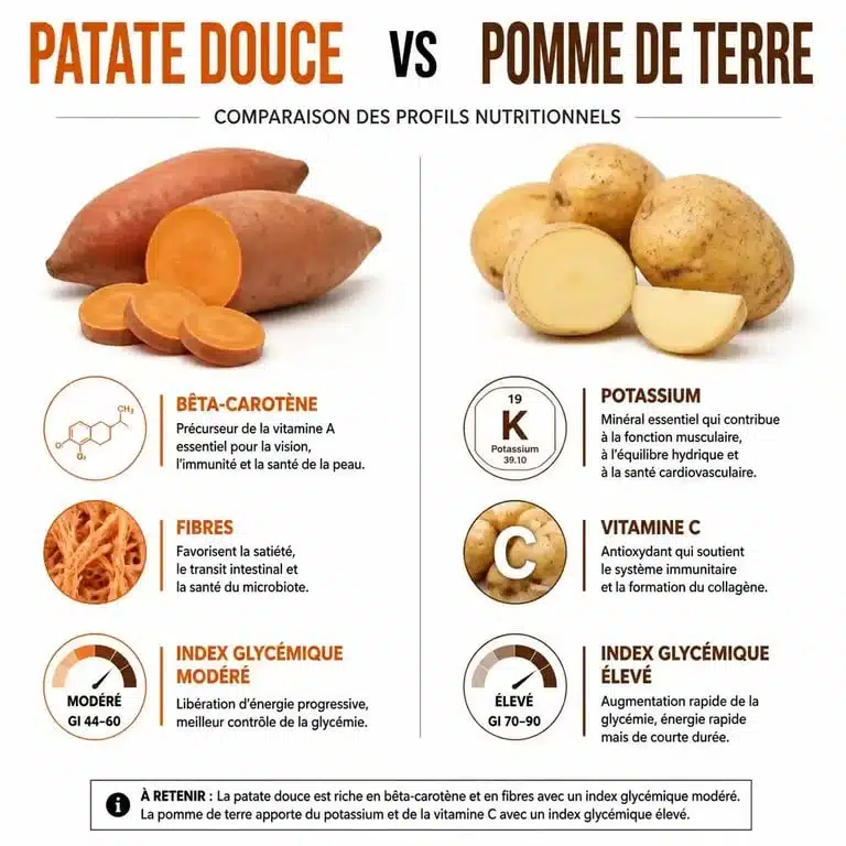 Infographie comparative des valeurs nutritionnelles entre la patate douce et la pomme de terre