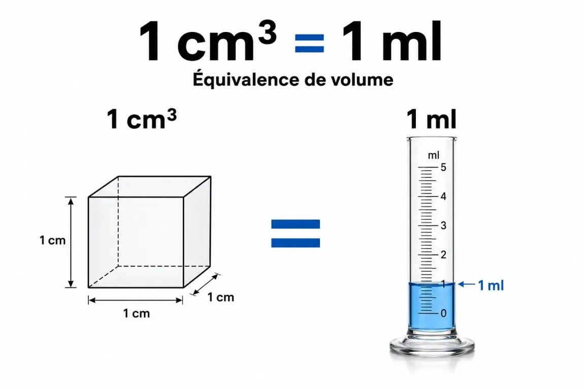 Infographie montrant l'équivalence entre 1 cm³ et 1 ml pour la conversion de volume