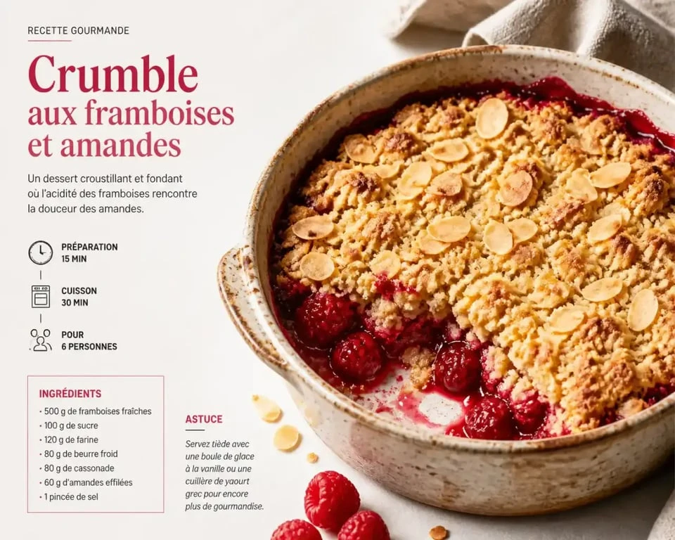 Recette de crumble framboise poudre amande servi dans un plat