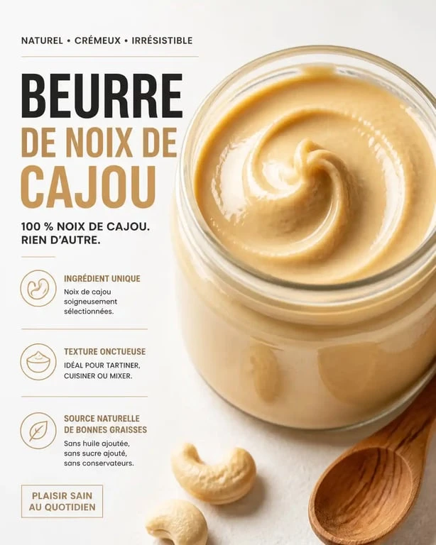 Beurre de noix de cajou maison onctueux dans un bocal en verre