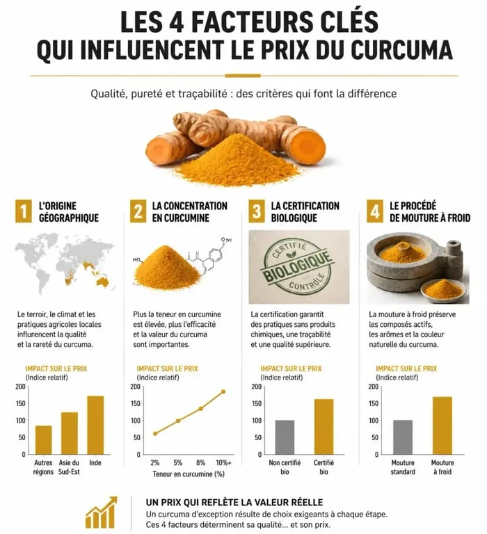 Facteurs influençant le prix du curcuma : origine, taux de curcumine et certification bio