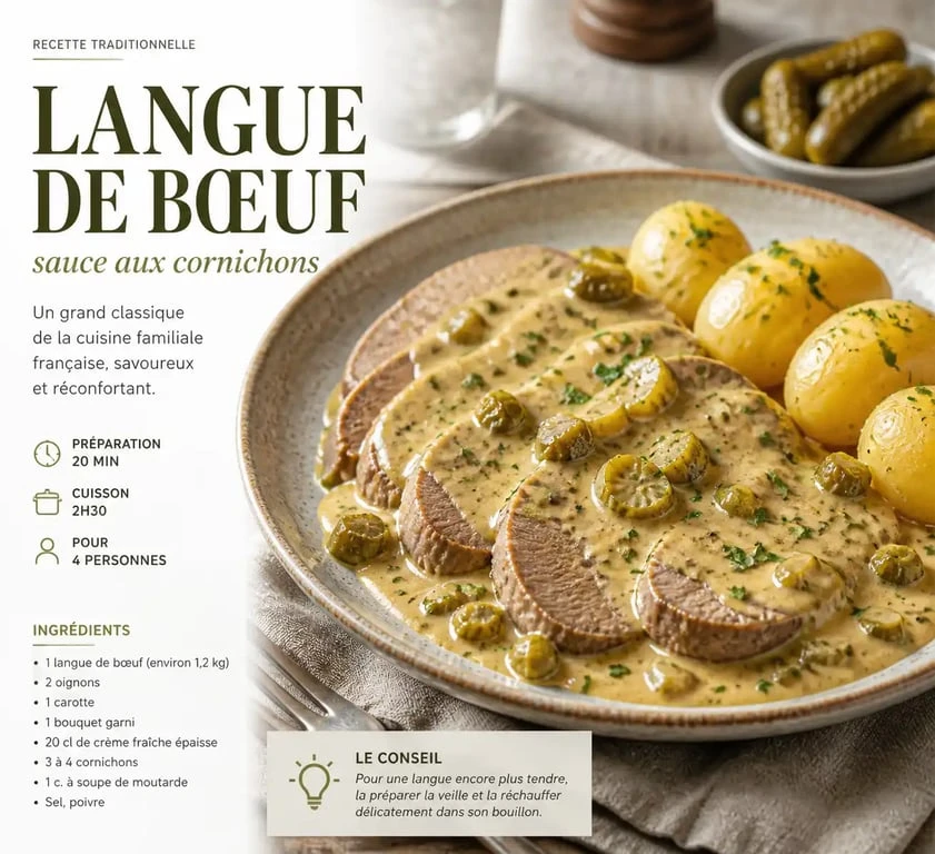 Bouillon de langue façon grand-mère servi avec sauce aux cornichons et pommes de terre