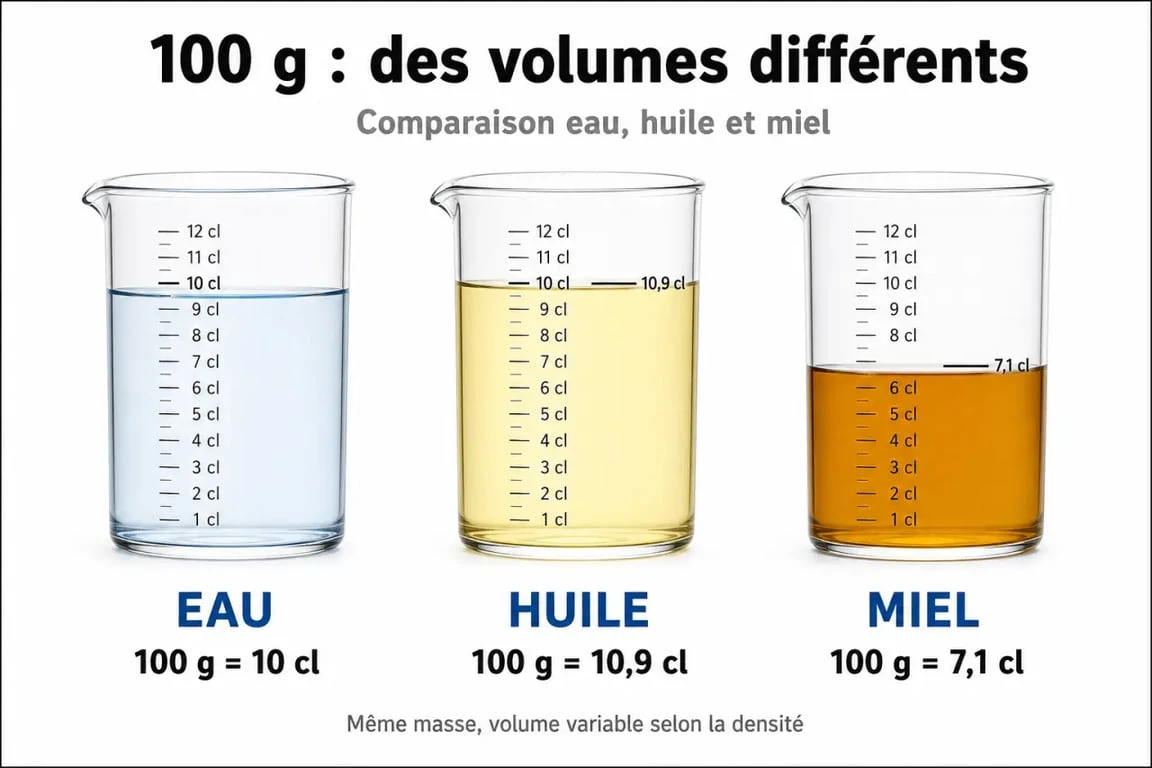 Infographie comparative : 100g en centilitres pour l'eau, l'huile et le miel