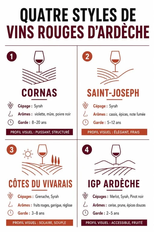 Infographie comparative des meilleurs vins rouges d'Ardèche : styles, cépages et caractéristiques.