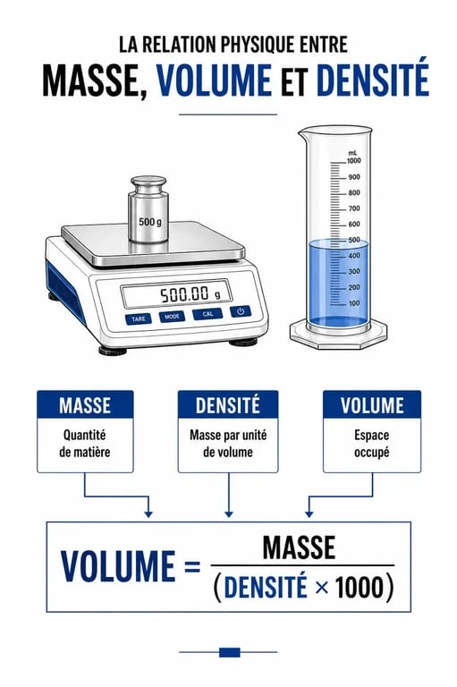 Infographie explicative sur la conversion de gramme en litre selon la densité