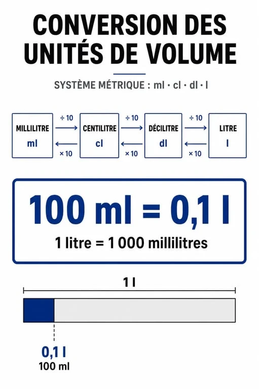 Infographie de conversion des unités de volume : 100 ml en litres