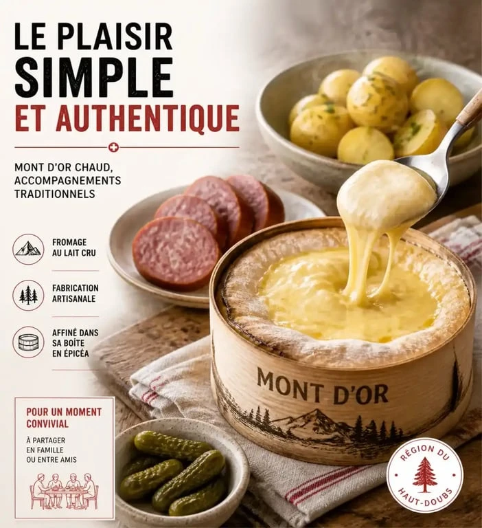 Mont d'Or chaud et ses accompagnements traditionnels : pommes de terre, charcuterie et cornichons