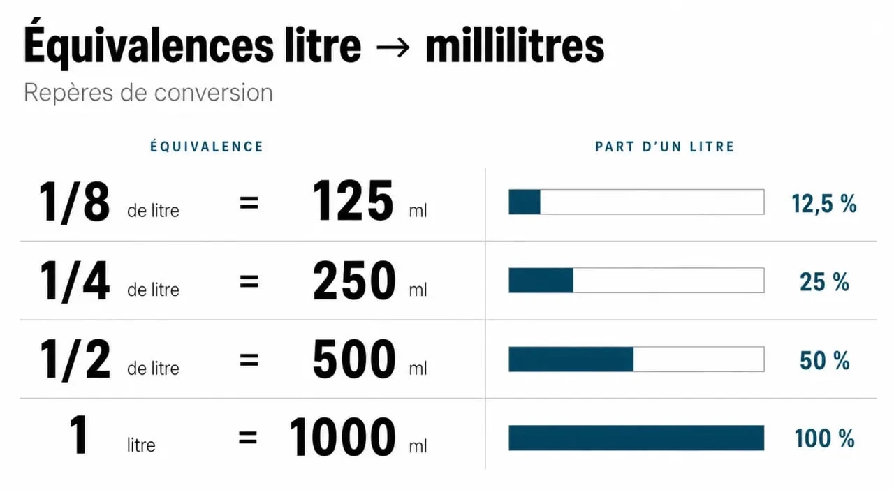 Tableau d'équivalences des fractions de litre en millilitres pour la cuisine
