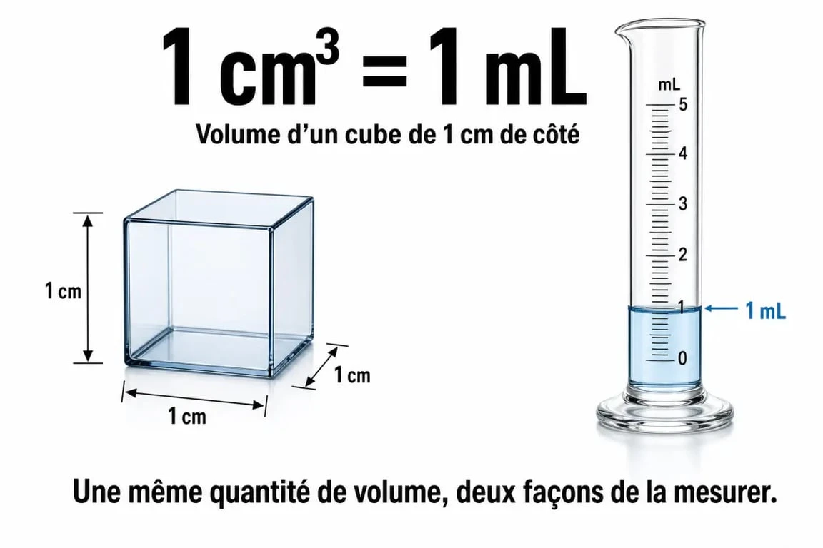 Infographie montrant l'équivalence entre 1 millilitre et 1 centimètre cube