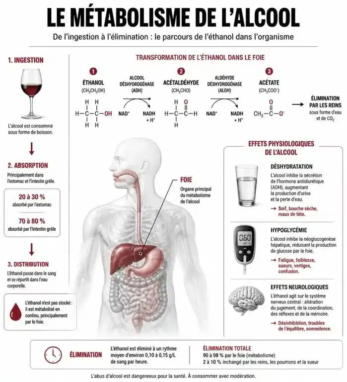 Infographie expliquant le mécanisme biologique de la gueule de bois et comment enlever la gueule de bois