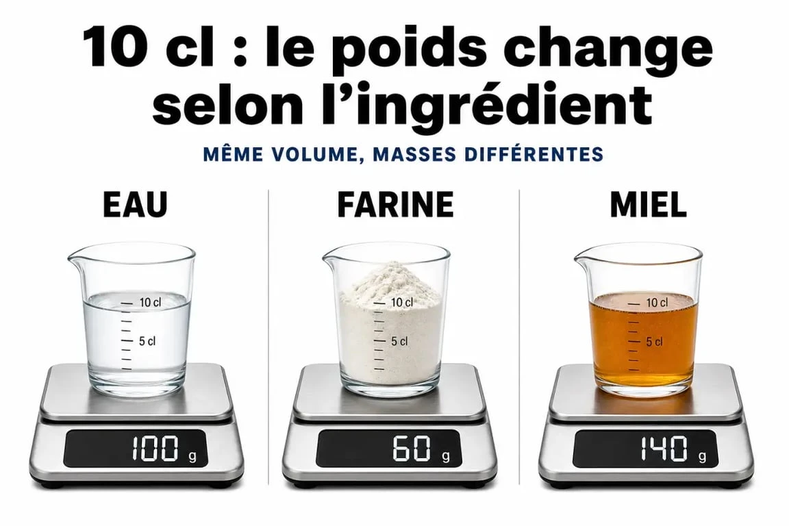 Infographie illustrant la conversion de 10cl en grammes pour différents ingrédients comme l'eau, la farine et le miel
