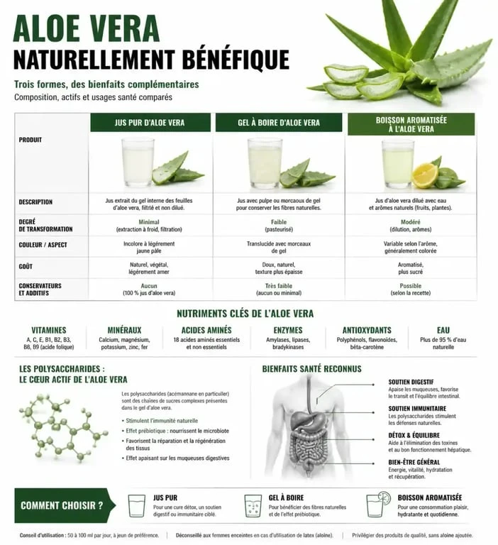Infographie comparative des bienfaits et différences entre jus, gel et boisson à l'aloe vera