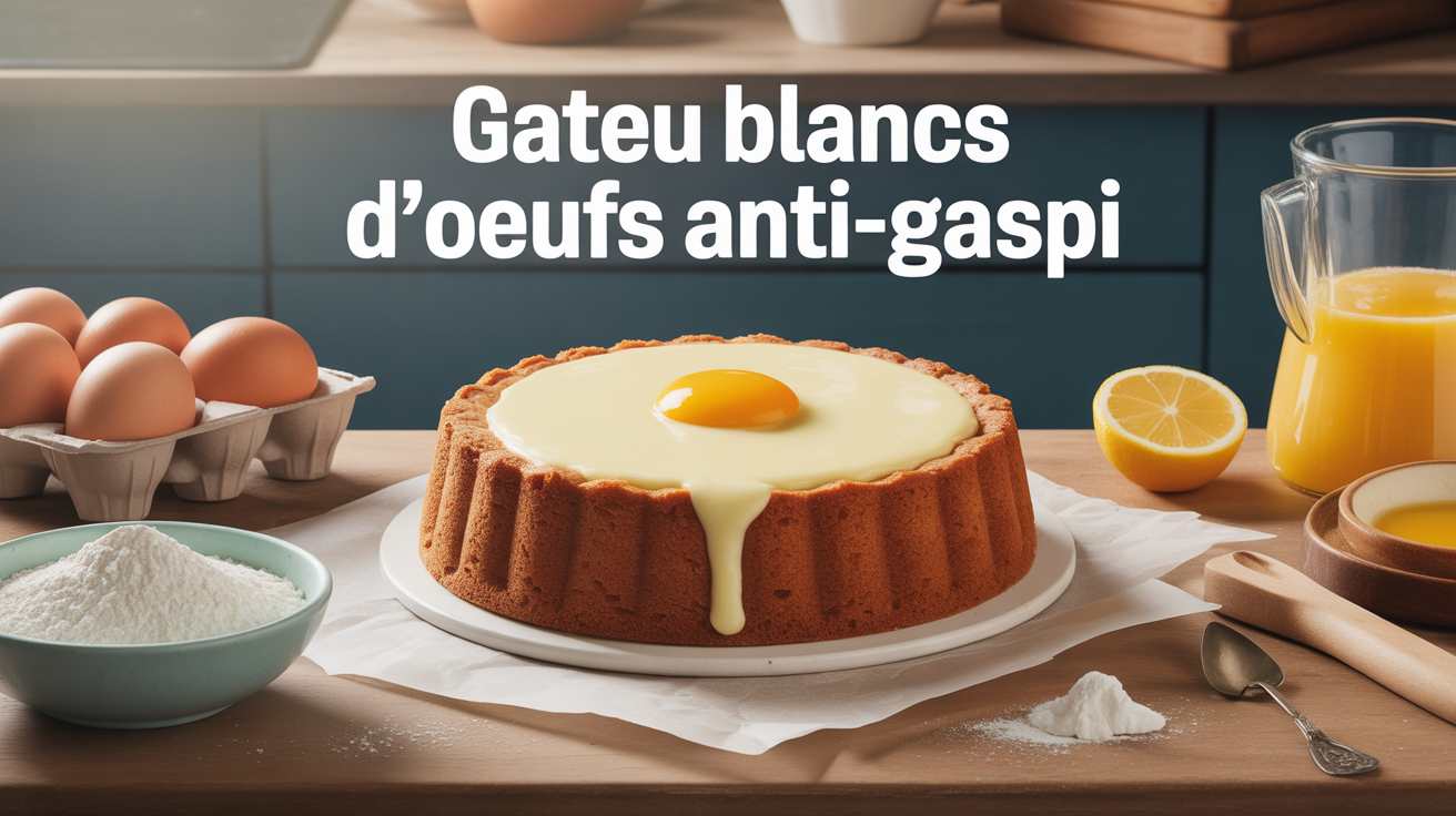 gateau avec blancs d'oeufs dore, ingredients autour, ambiance anti-gaspi