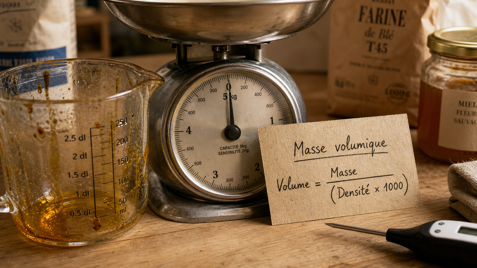 Gramme en litre : formule volume = masse / densité