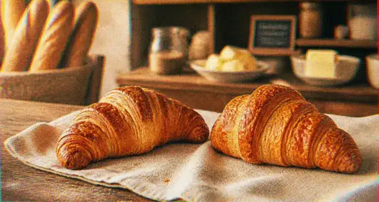 Le croissant français pur beurre, feuilletage visible sur comptoir