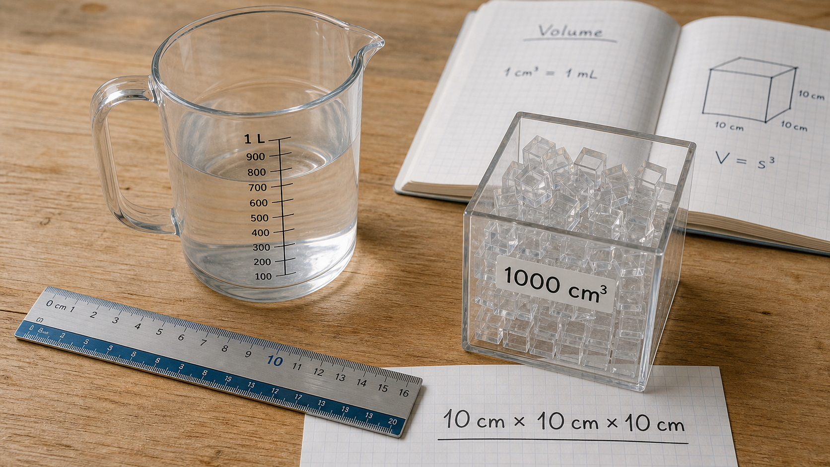 Litre en cm3 : 1 litre égal 1000 cm3 (verre doseur, cubes)