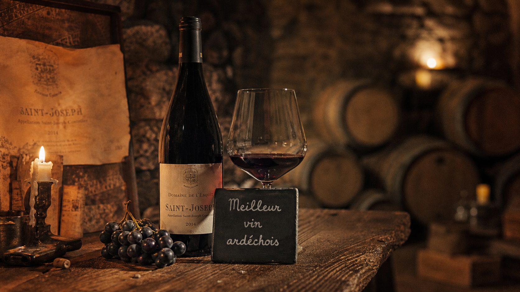 Meilleur vin rouge ardèche : bouteille et verre sur table bois