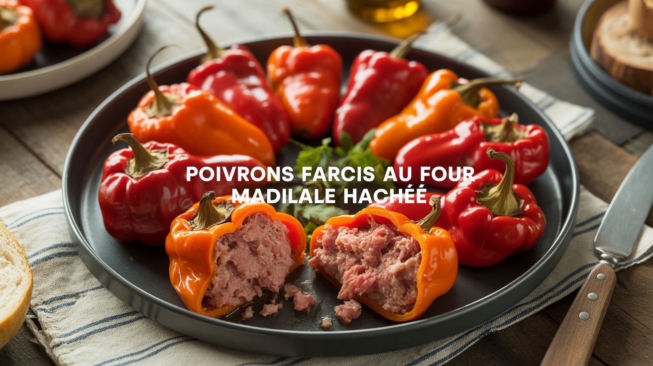 Plat de poivrons farcis au four viande hachee coupe sur table rustique