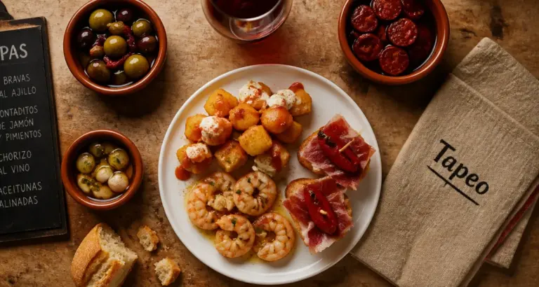 Tapas espagnols : patatas bravas, gambas al ajillo, montaditos et pimientos