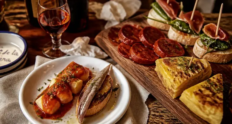 Tapas espagnols : patatas bravas et anchois, apéritif en cuisine