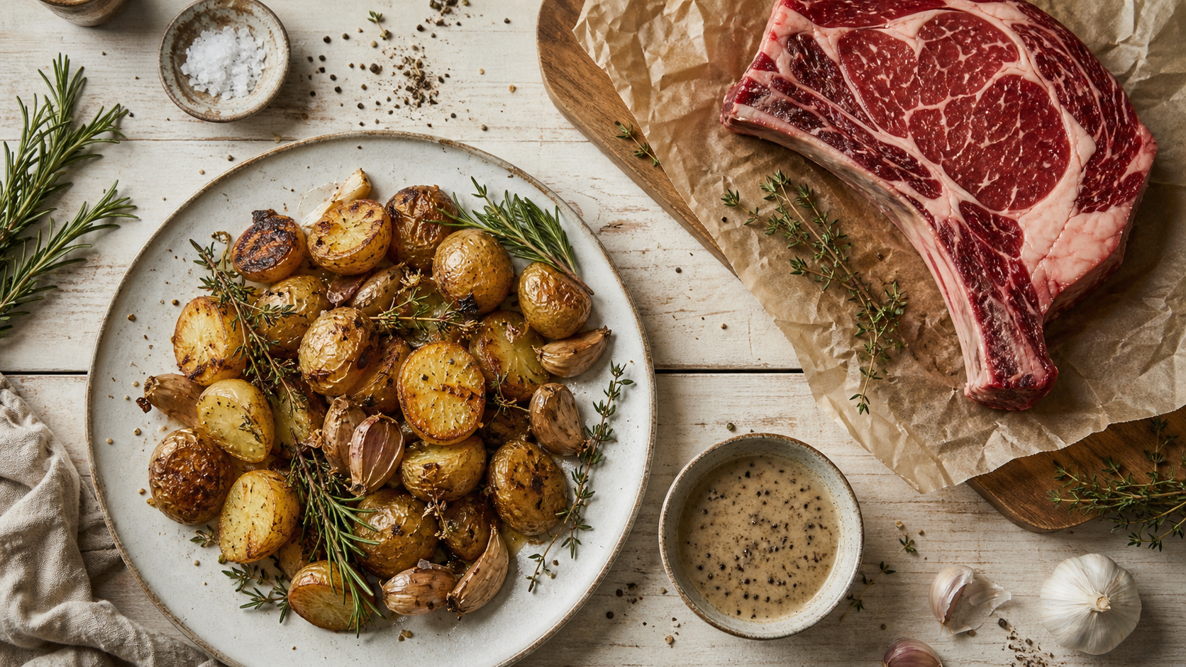 accompagnement cote de boeuf : pommes de terre rôties et sauce au poivre