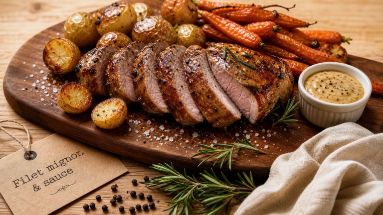 Accompagnement filet mignon : filet mignon, pommes de terre rôties et sauce moutarde