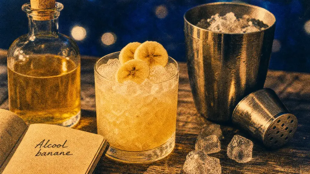 Alcool banane : bouteille et cocktail banane glacé