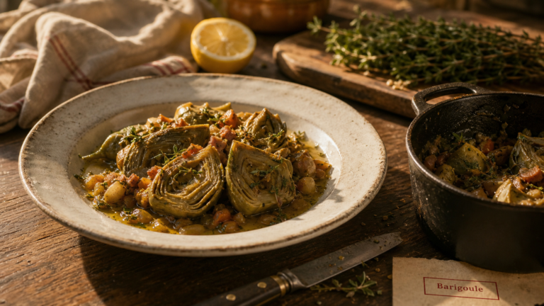 Artichaut barigoule mijoté, lardons et oignons, recette provençale
