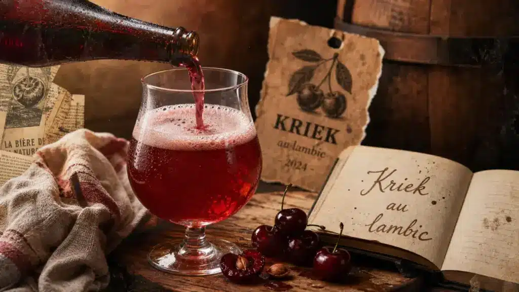Photo bière kriek rouge rubis, mousse rosée, griottes et lambic