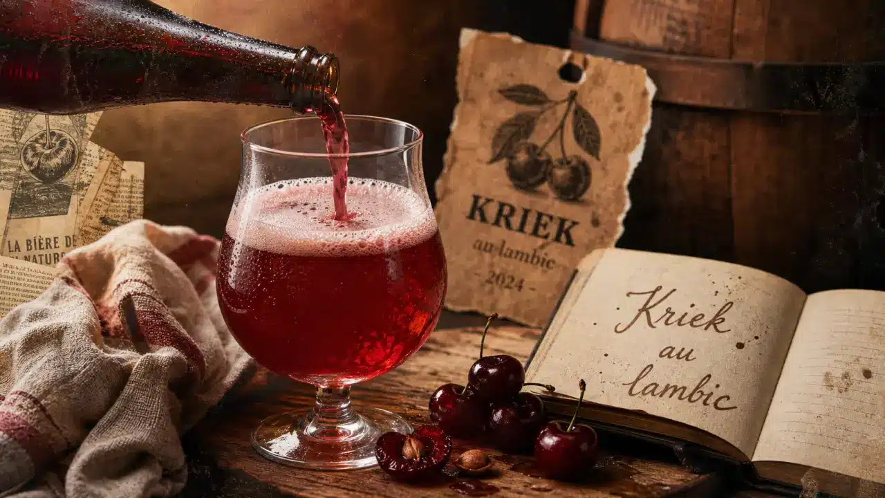 Photo bière kriek rouge rubis, mousse rosée, griottes et lambic