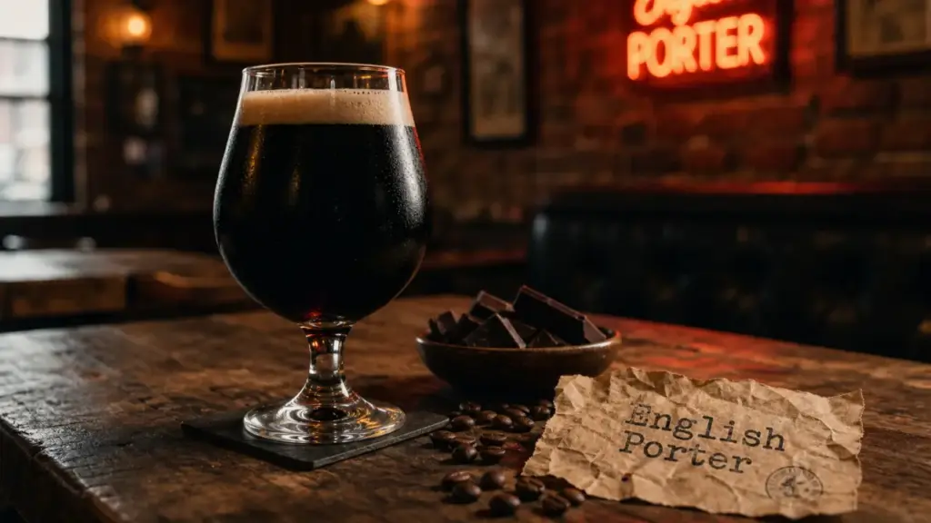 Bière porter brune au malt torréfié, mousse beige et café-caramel