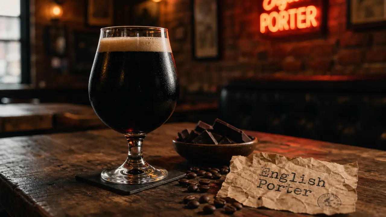 Bière porter brune au malt torréfié, mousse beige et café-caramel