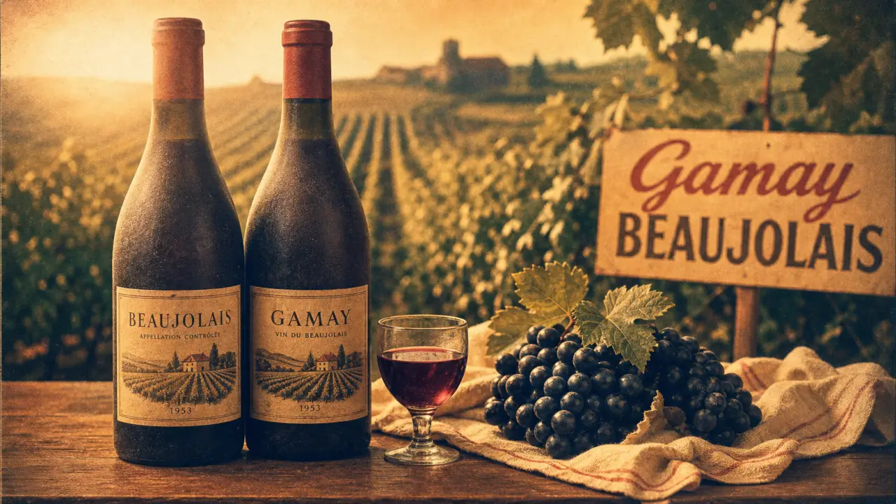 cepage beaujolais : Gamay noir et Chardonnay, bouteilles et raisin